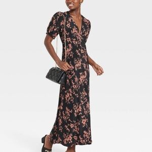 A New Day Black Floral Print Maxi Dress Size XS Crepe Puff Short Sleeve V Neck